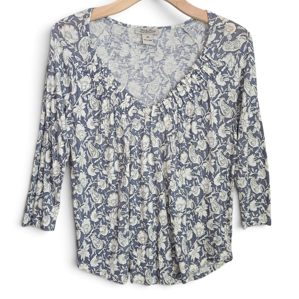 Lucky Brand Top Womens XS Blue Floral Paisley Oversized Slouchy 3/4 Sleeve Tunic